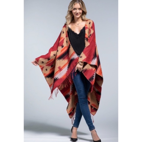 Red Rock Western Ethnic Oversized Knit Ruana Fringe Wrap Open Poncho Fall Casual - Picture 2 of 7